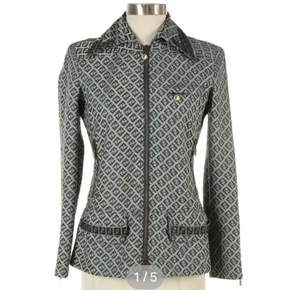 Fendi Authentic Blue Zucca Print Zip Jacket
